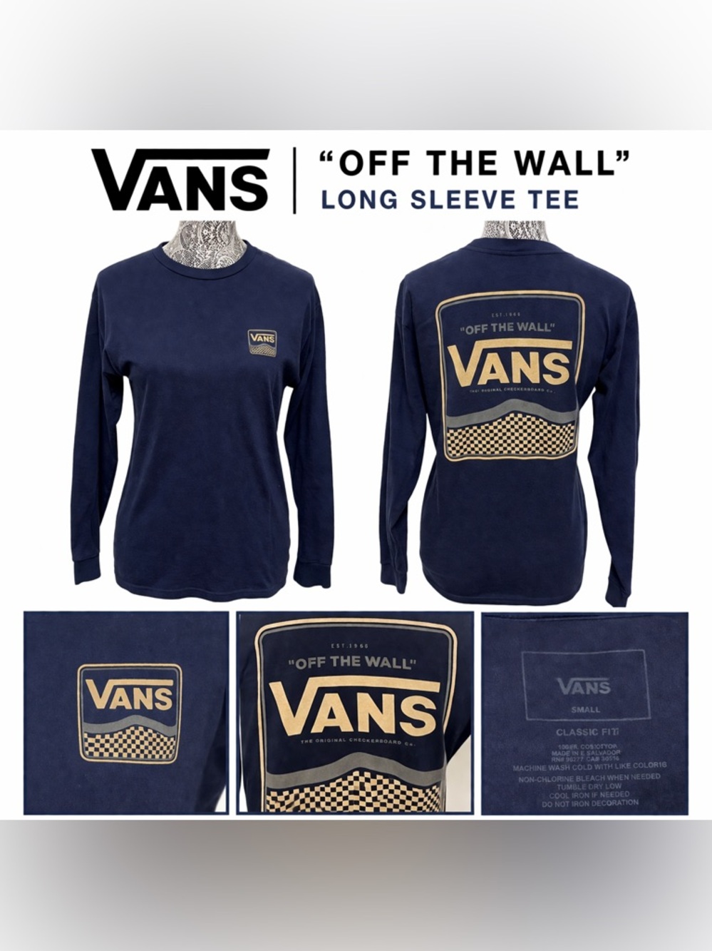 Vans Off The Wall Long Sleeve Tee Navy Blue Checkerboard Logo Shirt Size S